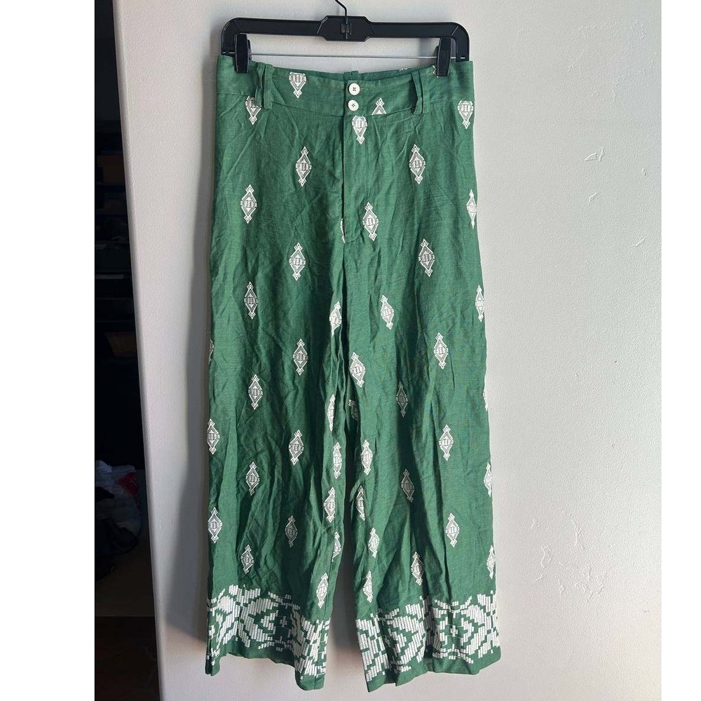 Zara Embroidered Linen Wide Leg Pants S Cottagecore Boho Euro Summer Clean Girl - Picture 2 of 5